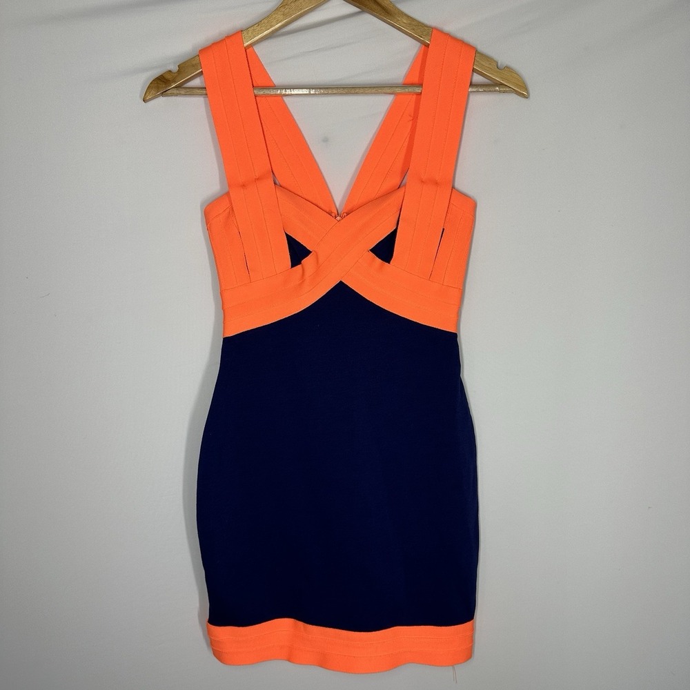 WOW Couture bandage bodycon mini dress navy neon orange small Club Party